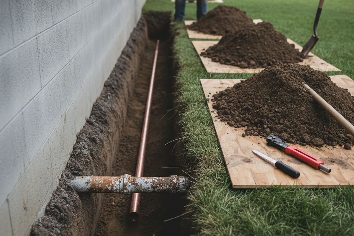 Excavated water line trench during Sewer Line Repair in Hitchita